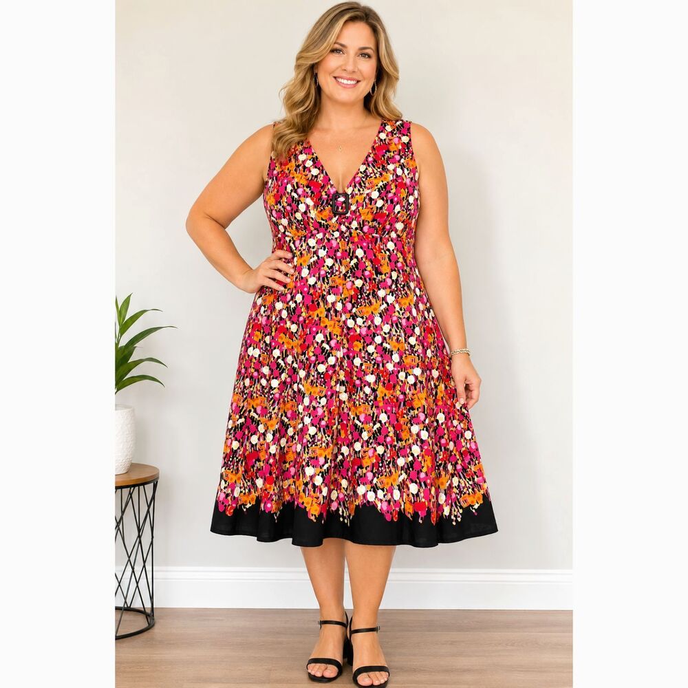 Notations Woman 2X Abstract Floral Fit Flare Dress Pink Orange Black Cotton Plus